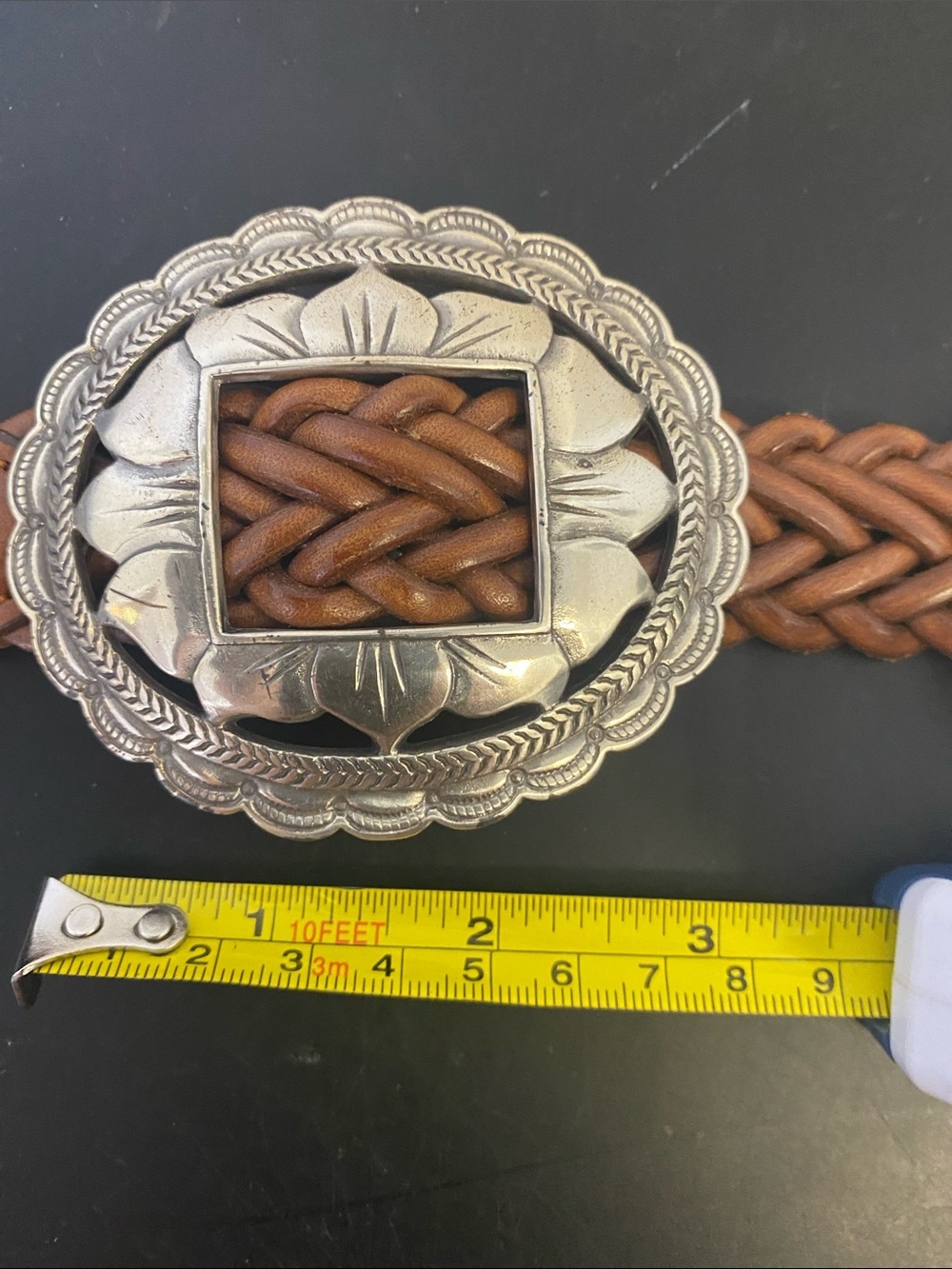 1990s vintage Braided Brown Leather Concho Belt with Silver-Tone Medallions - Picture 3 of 5